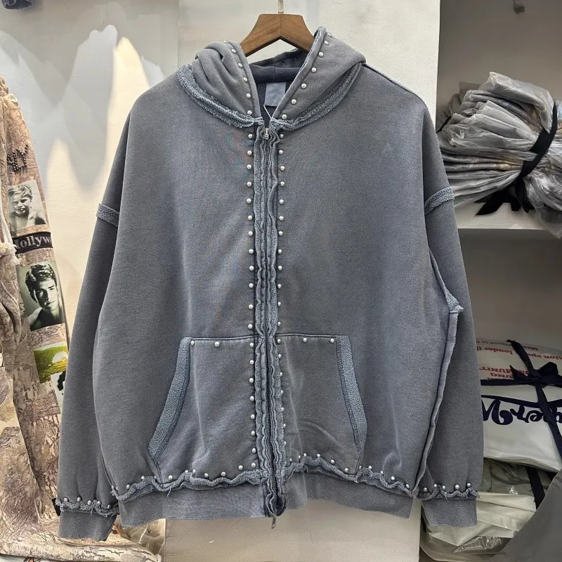 

Модная куртка с капюшоном на молнии с заклепками, потертая старая свободная флисовая куртка с капюшоном для мужчин и женщин, зима-осень, свободные уличные повседневные пуловеры