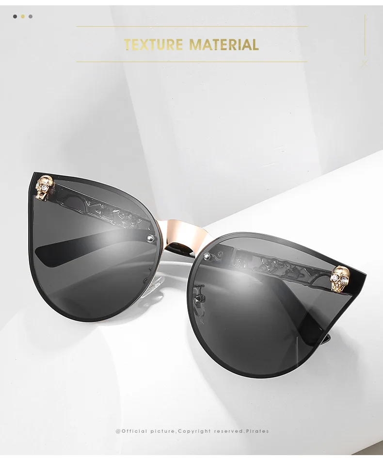 Gothic Schädel Sonnenbrille Frauen Männer Cat Eye Geschnitzt Metall Persönlichkeit Randlose Reflektierende UV400 Sonnenbrille – Detail 1