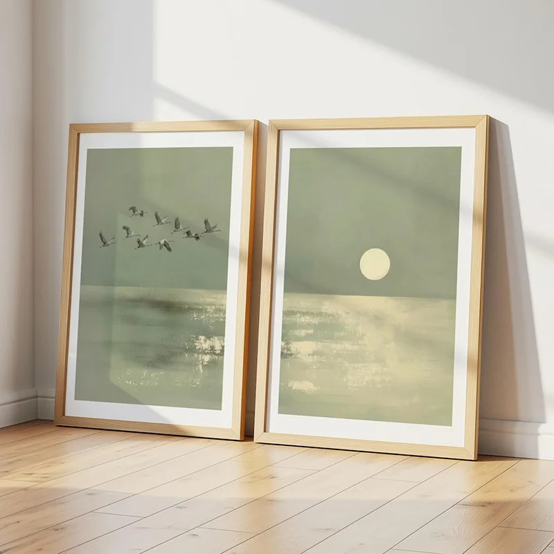 2-teiliges japanisches Wandkunst-Set, minimalistisches Poster mit Salbeigrünem Sonnenuntergang und Kranichen, asiatische Zen-Kunst, Leinwandbilder für die Raumdekoration