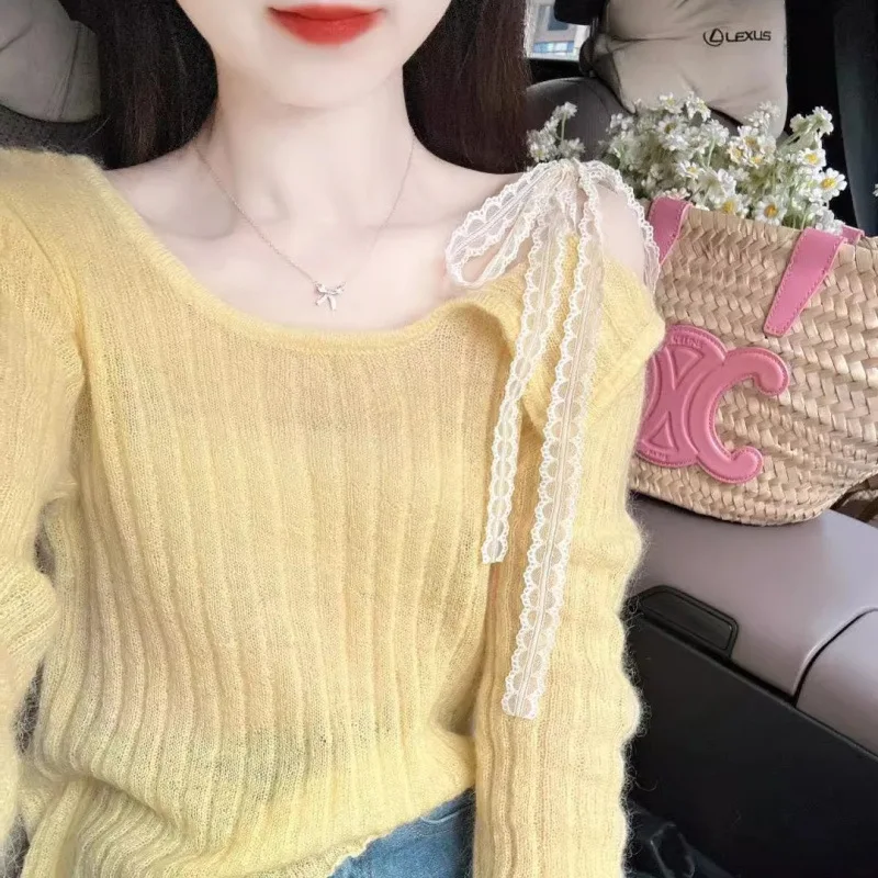 Pull léger de printemps de haut en tricot de ruban de dentelle de Mohair douce de épaules dénudées