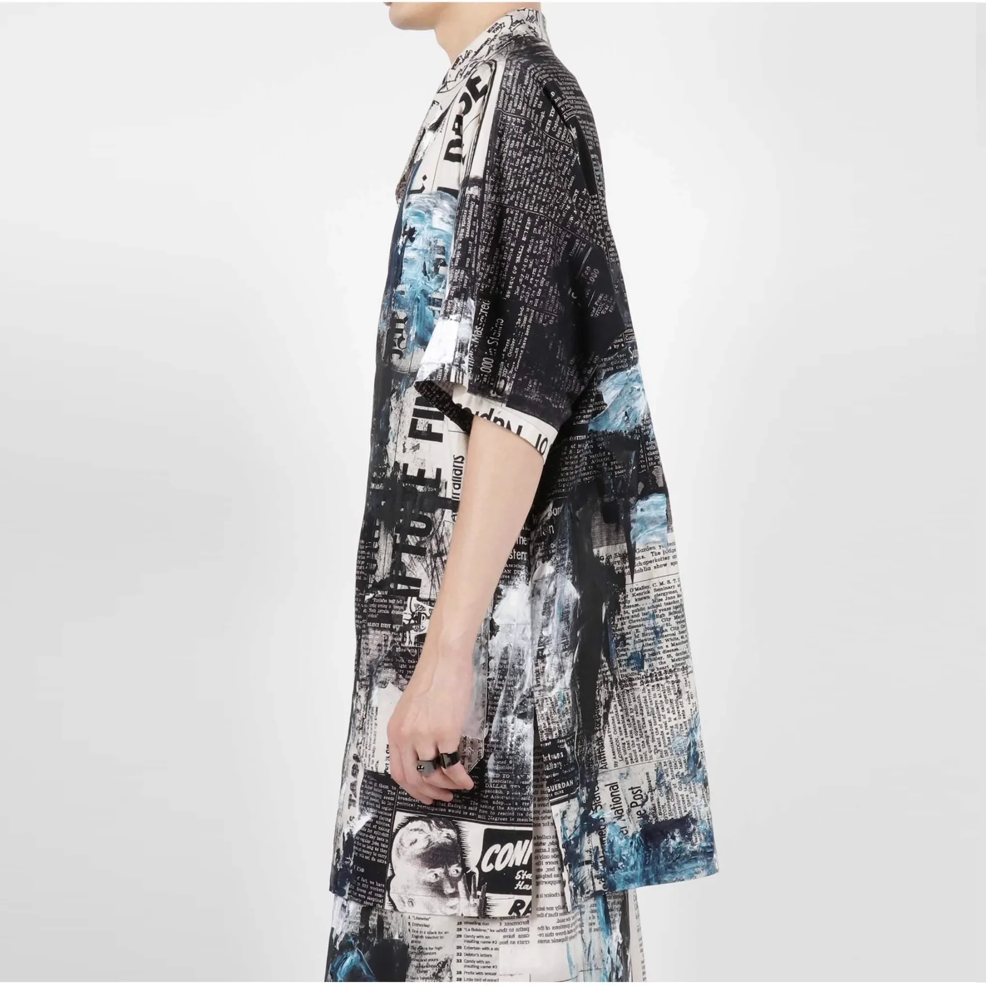 YOJI OOAK قميص صحيفة قطني مطبوع بأكمام قصيرة ورقبة مفتوحة صورة ظلية فضفاضة للرجال بأكمام خمسة أرباع #2