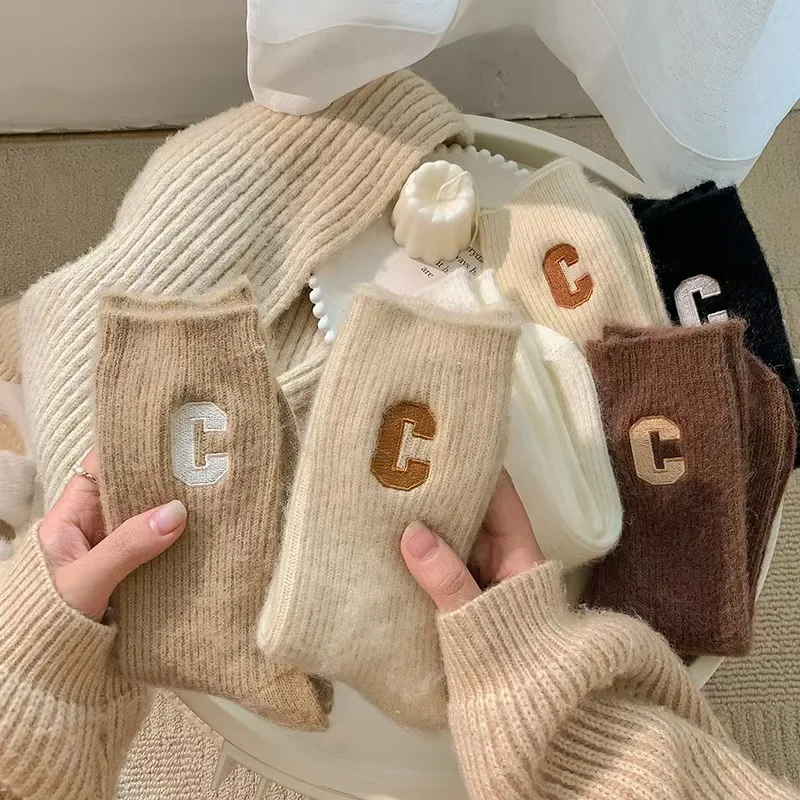 Luxury Women Wool Socks Warm Winter Thick Cashmere Casual Japanese Fashion Solid Color Comfortable Home Sock Long High Quality