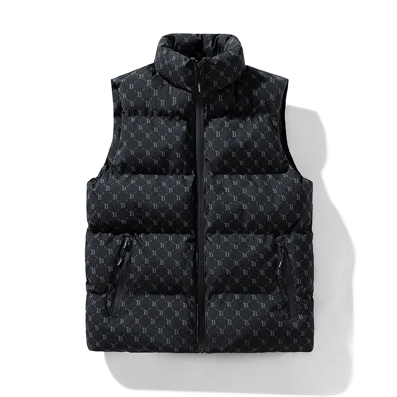 Autumn Winter Men's Standing Collar B Letter Padded Vest Sleeveless Thickened Warm Waistcoat Fashion Casual Pocket Vest Coat