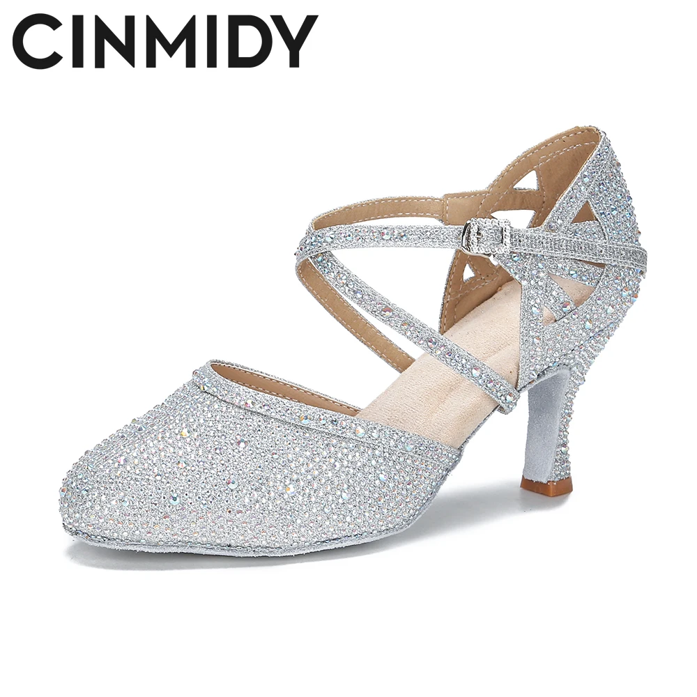 CINMIDY Red Rhinestones Latin Dance Shoes Women's Tango Dancing Shoes Modern Shoes Soft Bottom Wedding Shoes Silver