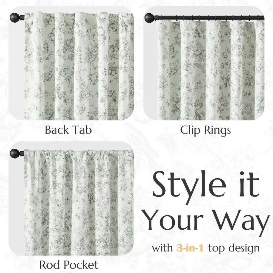 Cortinas Opacas con Estampado Floral, 95% de Opacidad, 84 Pulgadas de Largo, Color Verde Salvia, para Dormitorio, con Ojales y Pestañas Traseras