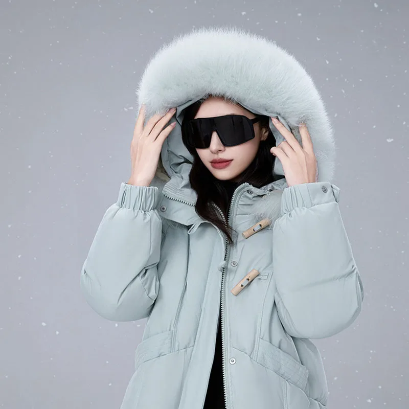 الشتاء الدافئة مقنعين 95 الأبيض بطة أسفل المرأة أسفل سترة 2025 جديد عالية الجودة سميكة الثعلب الفراء طوق المرأة أسفل سترة H495