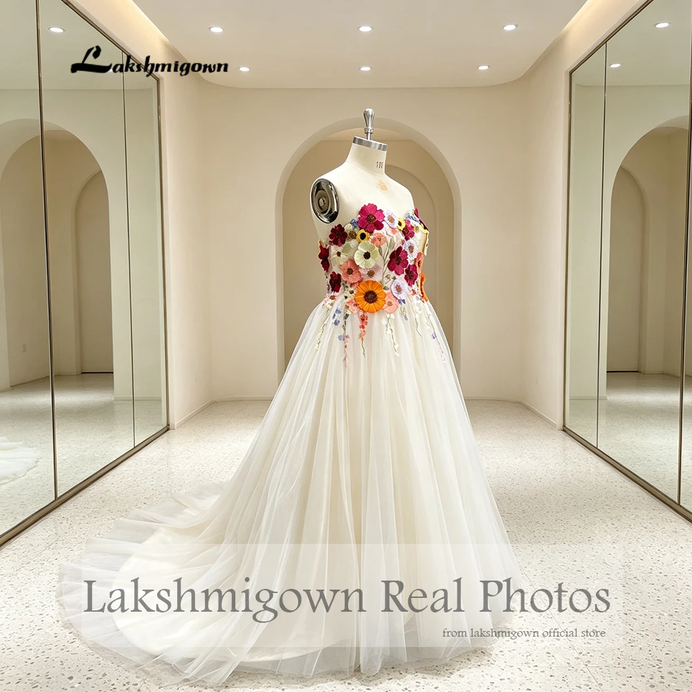 Lakshmigown Trägerloses Hochzeitskleid mit bunten Blumen 2027 A-Linie Tüll Ärmellose Brautkleider Echte Fotos Maßanfertigung – Detail 5