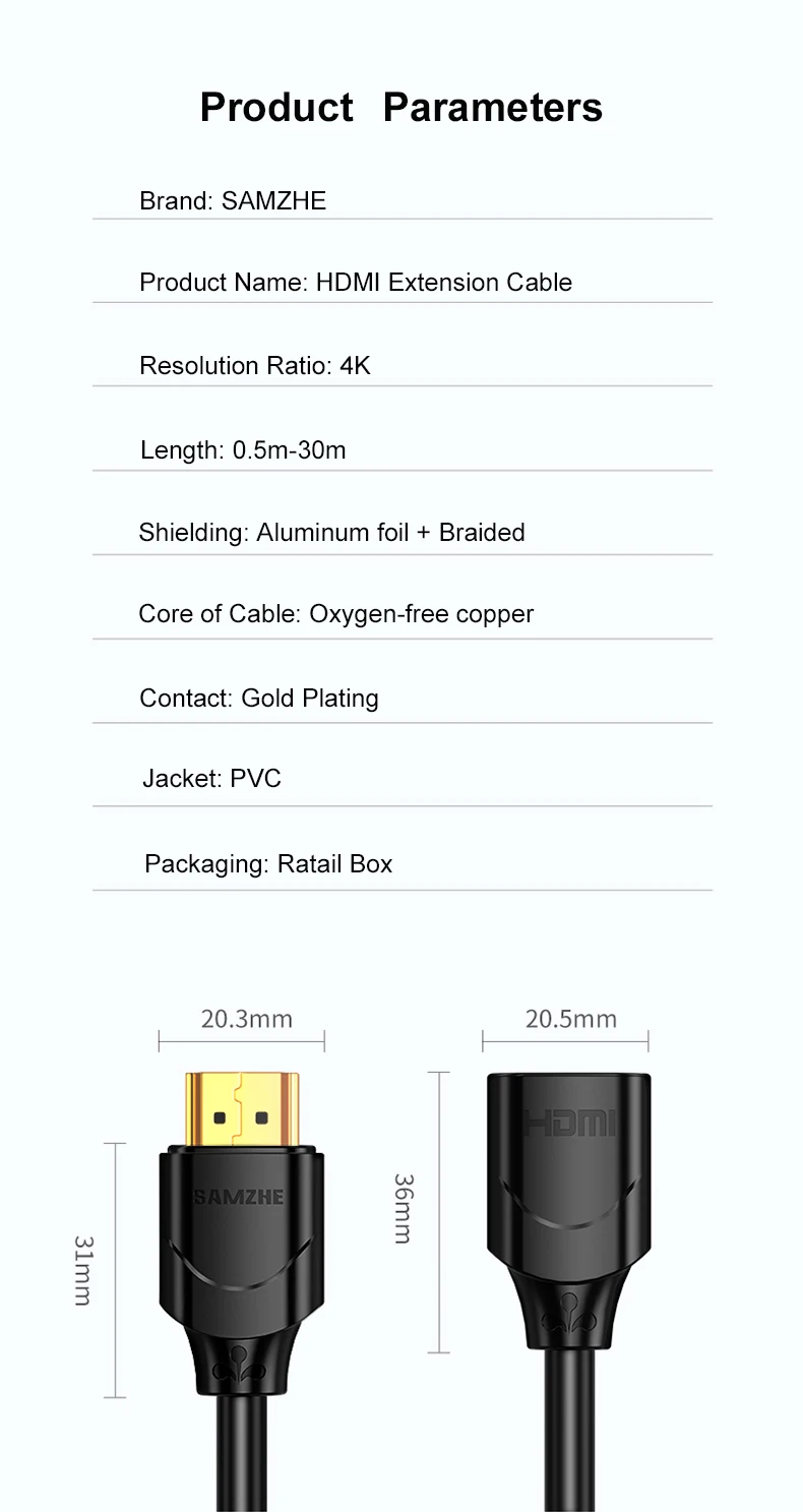 SAMZHE HDMI 2,0 Verlängerung Kabel 4K/60Hz HDMI 2,0 2,1 Männlichen zu Weiblichen Kabel für HDTV Nintend schalter PS4/3 HDMI Extender Adapter 8K – Detail 11