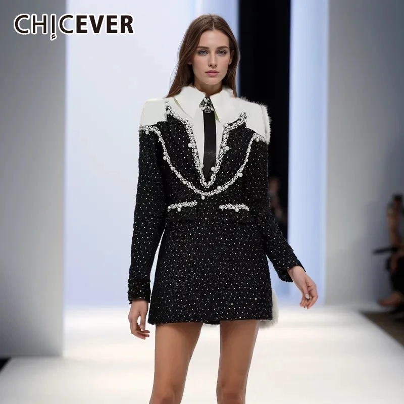 CHICEVER Hit Color Dresses For Women Lapel Long Sleeve High Waist Patchwork Sequins Slimming A Line Spring Mini Dress Female New