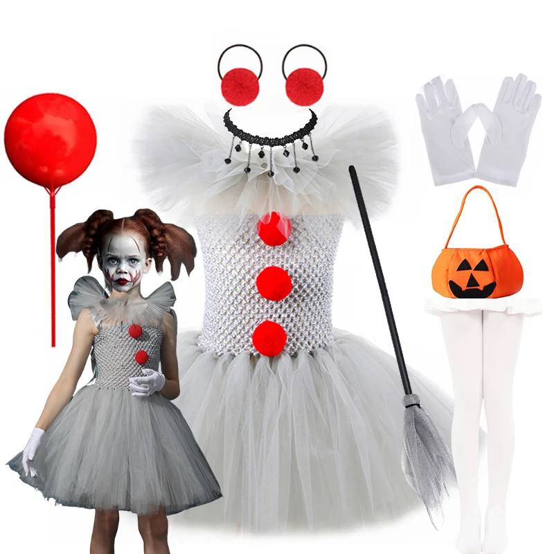 Kostum Halloween Joker Abu-abu Cosplay Anak Perempuan Gaun Putri Tutu Gaun Tulle Anak-anak Badut Menyeramkan Pakaian Pesta Karnaval 2-12 Tahun 2025