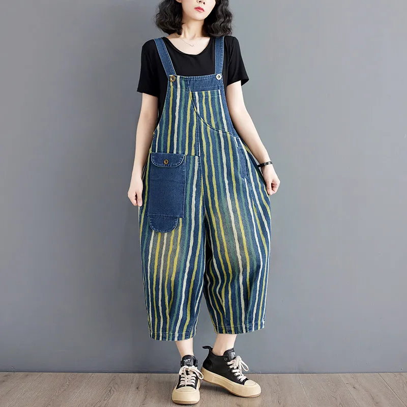 

Women Casual Denim Overalls Suspender Pants Loose Striped Printed Multi Pocket Contrast Color Seven Points Wide Leg Jumpsuit