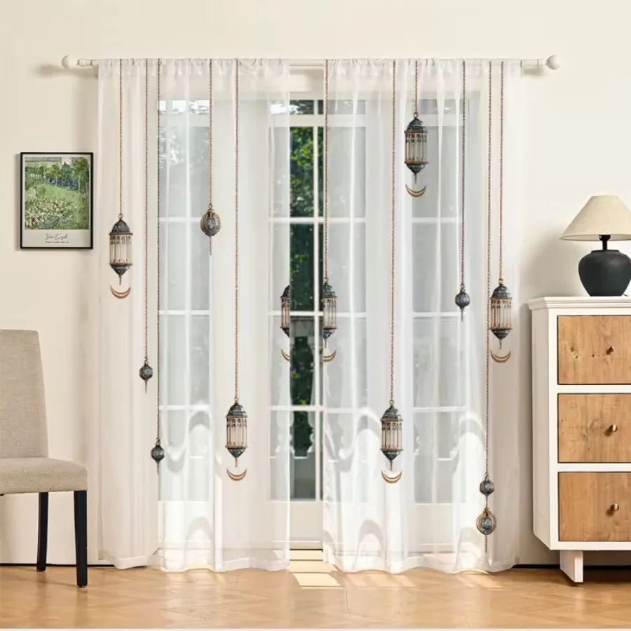 2PCS Digital Print Sheer Curtains, Crescent Moon Lamp Shade, Ramadan Minimalist Modern for Bedroom Living Room Home Decor