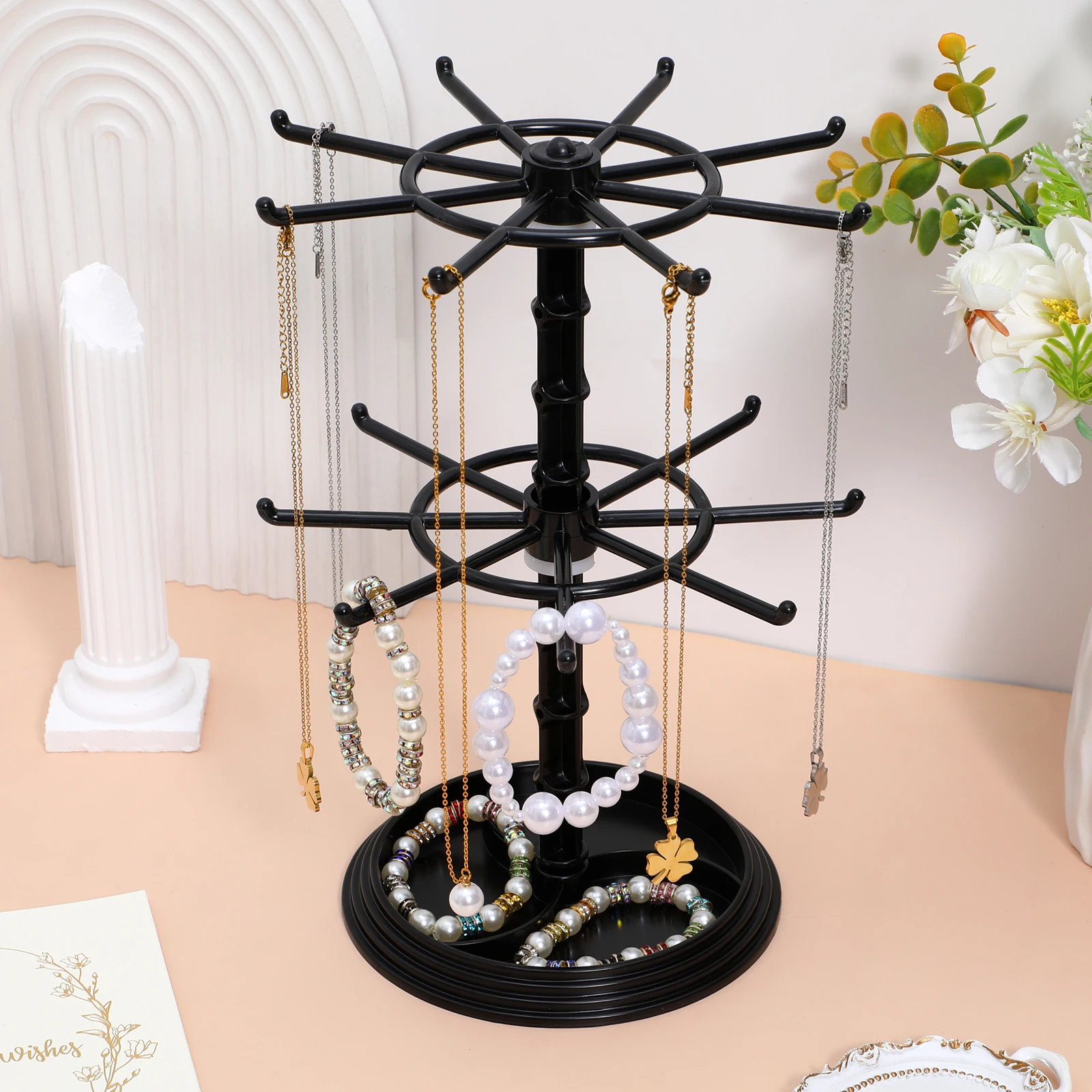 

2 Layer Rotating Necklace Rack Black Small Jewelry Stand Keychain Holder Hair Tie Display Organizer Storage Solution Plastic