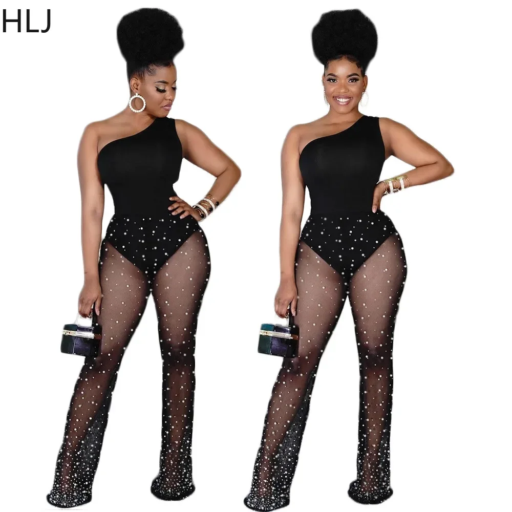 HLJ Black Sexy Mesh See Though Pants Two Piece Sets Fashion One Shoulder Sleeveless Bodysuits And Pants Outfits Fashion Clubwear