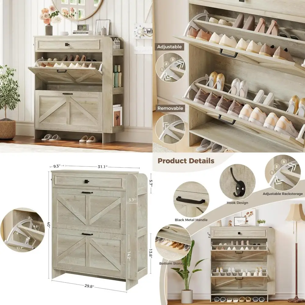 منظم خزانة الأحذية قائم بذاته مع أدراج قابلة للطي وتصميم باب الحظيرة، وخزانة تخزين للأحذية مع أدراج ورفوف #1