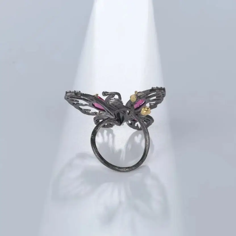 GEM'S BALLET Original Design Butterfly Rings 925 Sterling Silver Lab Created Ruby Handmade Statement Ring Jewelry Gift For Her