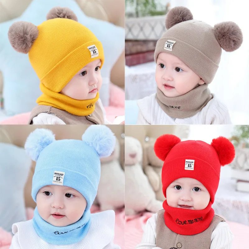 Conjunto de gorro y bufanda para bebé, gorro de punto cálido de oso y gato, gorros de ganchillo para niño y niña, 2 uds.