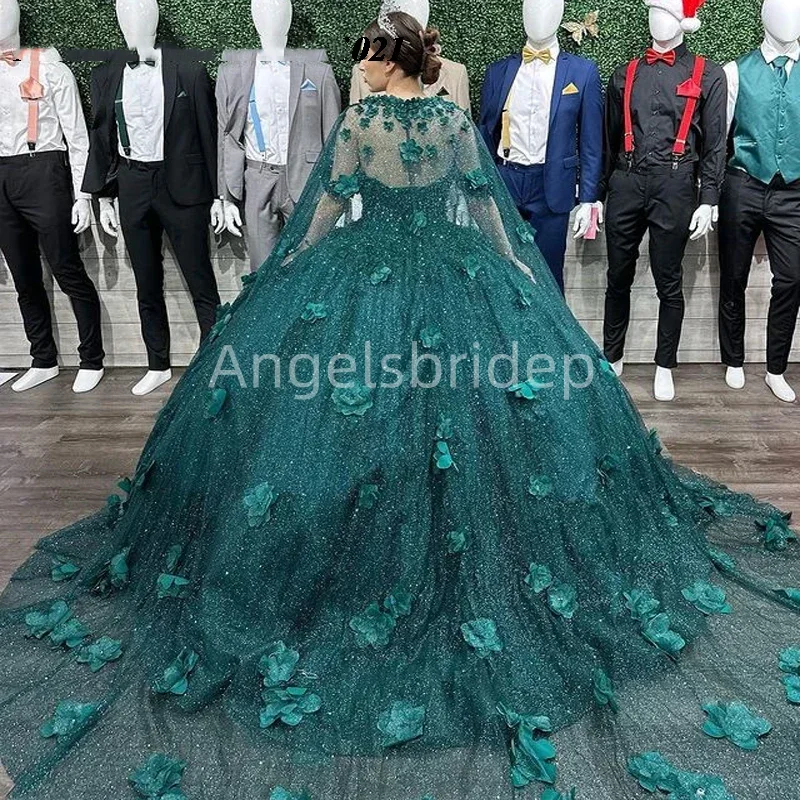 فستان Quinceanera على الكتف من Angelsbridep ، فستان أخضر زمردي ، رأس فلورا ثلاثي الأبعاد ، فستان حفلة مسائية ،