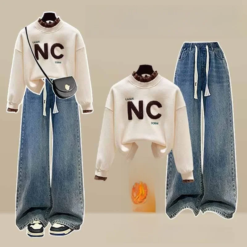 

Корейский комплект: свободный свитшот и джинсы для женщин, осенне-зимний, утепленный, повседневный, спортивный, модный, с круглым вырезом, длинный рукав, комплект из двух предметов