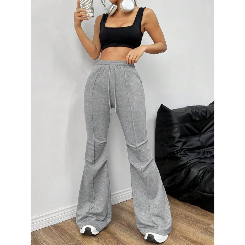 YQ1-Simple Versatile Commuter Casual Pants Autumn Winter Drawstring Elastic Waist Slimming Wide Leg Long Pants