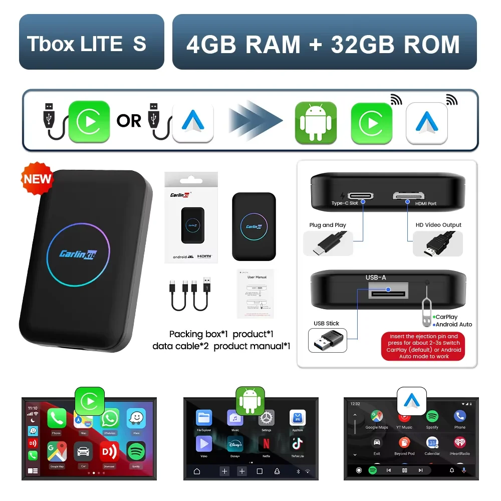CarlinKit LITE S HDMI 5-In-1 Android TV Box Smart CarPlay Android Auto Wireless Adatper For Car Play Video For YouTube Netflix image 3