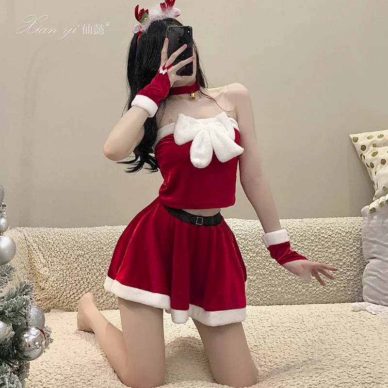 Women's Christmas Uniform Cosplay Mrs Santa Claus Set Outfit Velvet Sleeveless Crop Top and Mini Skirts Costume M L