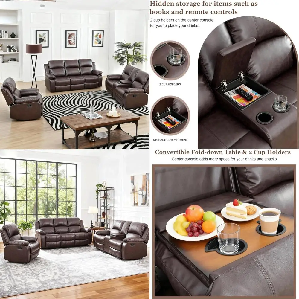 

Комплект мебели для гостиной из коричневой кожи, 3 предмета: диван-реклайнер, секционный диван с откидным столиком и подстаканниками