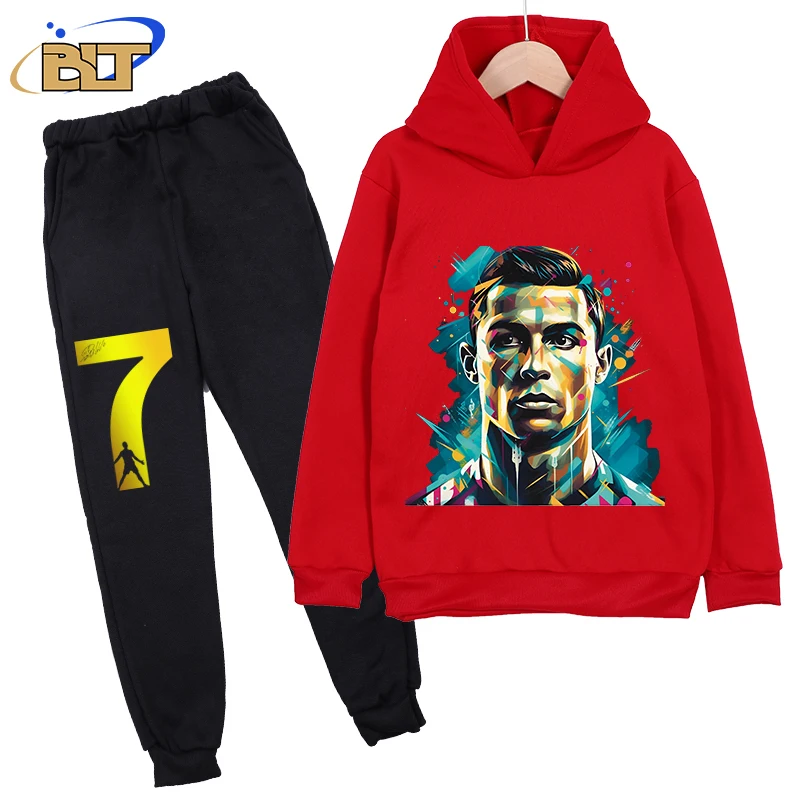 Ronaldo printed children's clothing plus velvet hoodie suit kids sweatshirt pants 2-piece suit for boys and girls