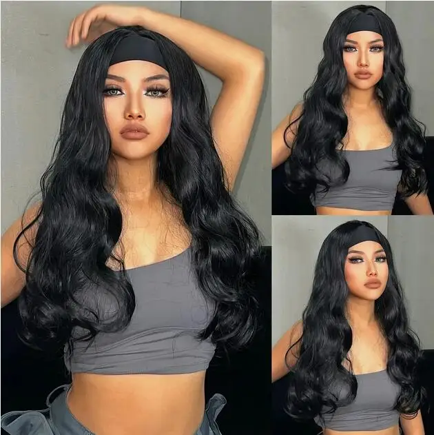 Bando bergelombang hitam Wig gelombang panjang alami untuk wanita