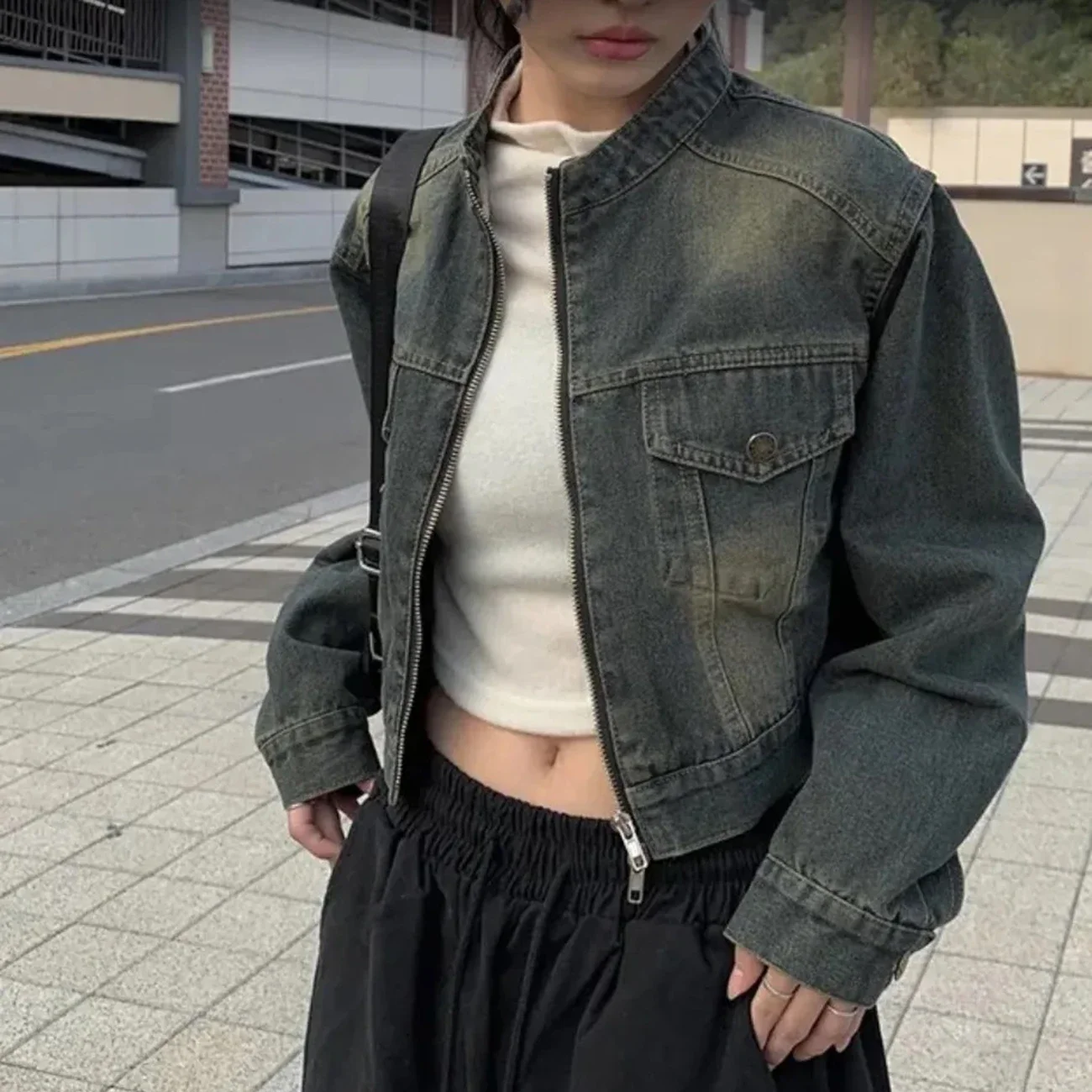 AI.Fashion Stand Collar Denim Jackets Women Zipper Slim Vintage Coats Women Elegant Streetwear Short Jackets Female Ladies y2k