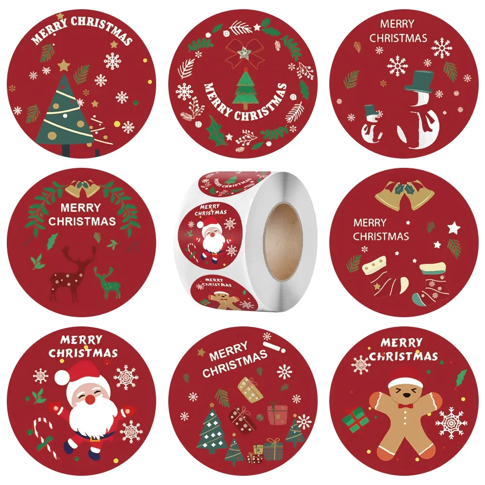 Merry Christmas Stickers Red Circular Paster Santa Claus Gingerbread Pattern Labels DIY Gift Baking Package Envelope Decoration