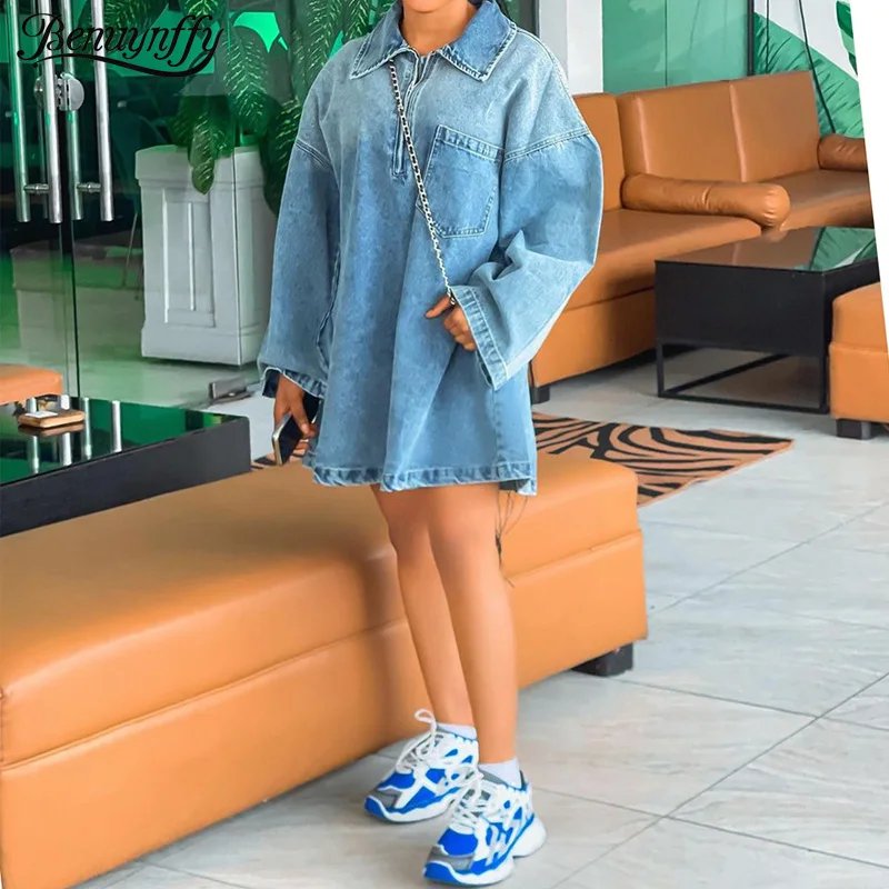 

Benuynffy Turn-down Collar Front Zipper Denim Dress Women's Spring Autumn Loose Fashion Long Sleeve Casual Pockets Mini Dresses