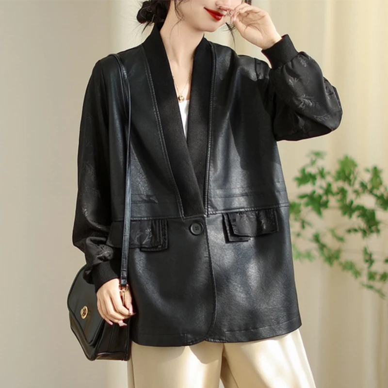 Masss wasss 2025 outono feminino lazer clássico impresso solto blusões das mulheres do vintage jaquetas do plutônio moda casacos de couro falso