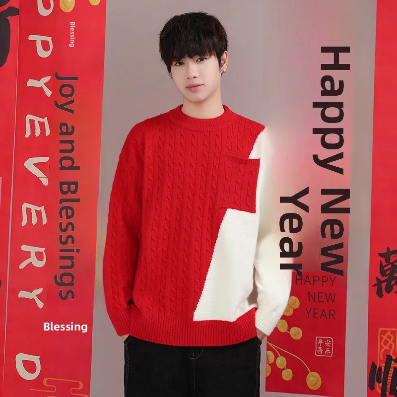 

Новый мужской вязаный свитер 2025 года: зимняя одежда для пар, красный трикотаж для молодежи, повседневный, теплый, комфортный, дышащий