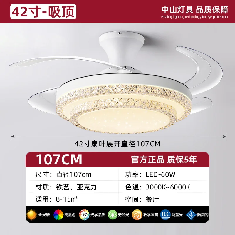 Invisible Ceiling Fan Light With Crystal Luxury Style Full Spectrum Eye Care LED Lamp For Living Room Bedroom Dining Home Decor