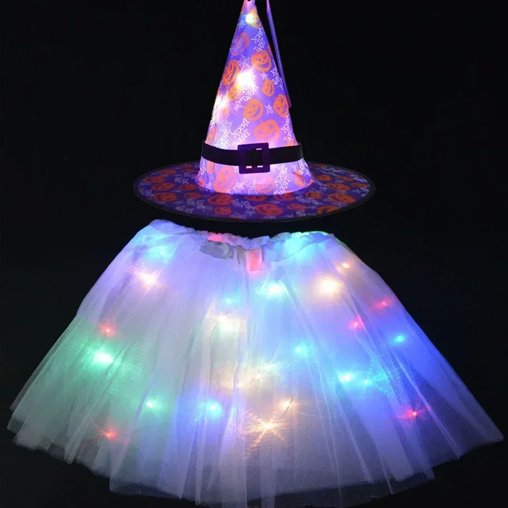 Party Light Up Kids Adult Witch Cosplay Costume Wizard Pumpkin Hat Tutu Skirt Halloween Christmas Festival Black Pink Red Green