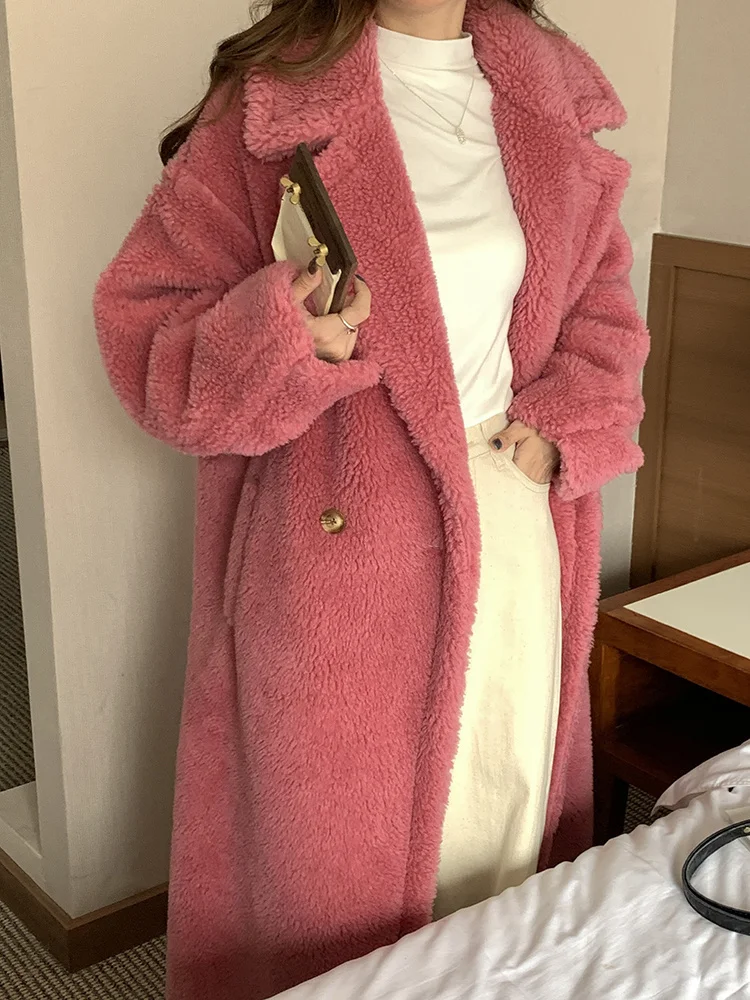 

2023 Htbtm Home Autumn/winter Mid Length Teddy Bear Coat Pink Grain Sheep Camel Fleece Silhouette Wool Coat