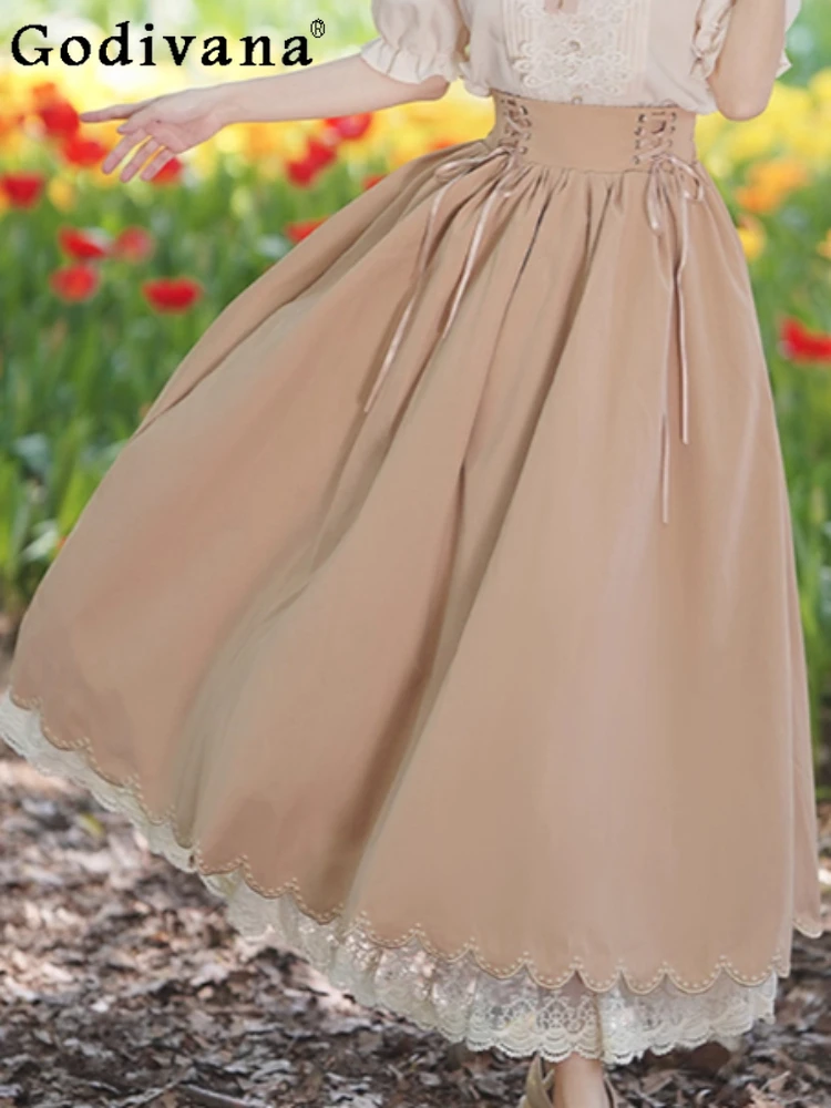 

French Retro Fashion Versatile Age Reducing Lace Big Swing Long Lolita Lace-Up Skirt Embroidery Long Sleeve Loose Shirt Top