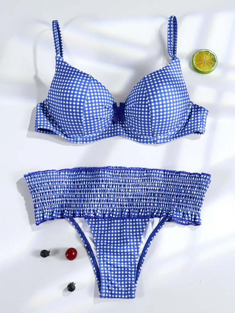 Miyouj 2024 Biquin Bow Bikinis Pleated Swimsuit Women Plaid Print Bikini Set Sexy Swimwear Push Up Beachwear Low Waist Bath Suit