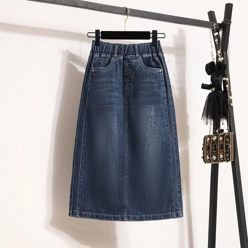 

Large Size Denim Skirt For Women's Spring Autumn 2024 New A-line Jean Skirt Fashion Slit Pocket Elastic Waist Skirt Size S-4XL