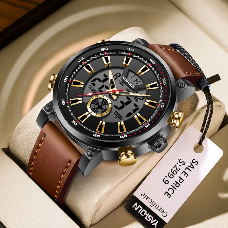 YASHIDUN Brand Men's Quartz Watch For Men LED Watches Men Fashion Casual Sports Clock Genuine Leather Military Wrist Watch