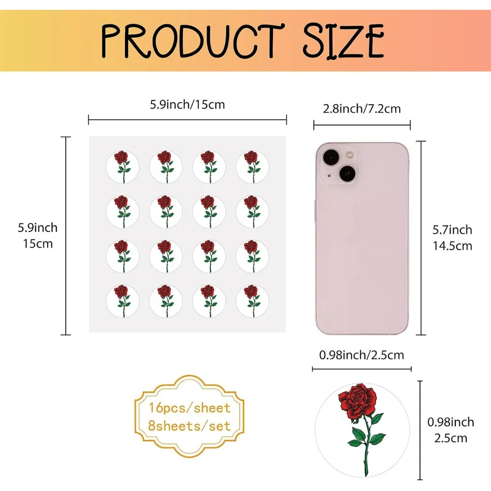 128Pcs Rose Planner Stickers Flower Vinyl Decal Self-Adhesive Waterproof Sticker Round Bulk Red Floral Stickers for Water Bottle