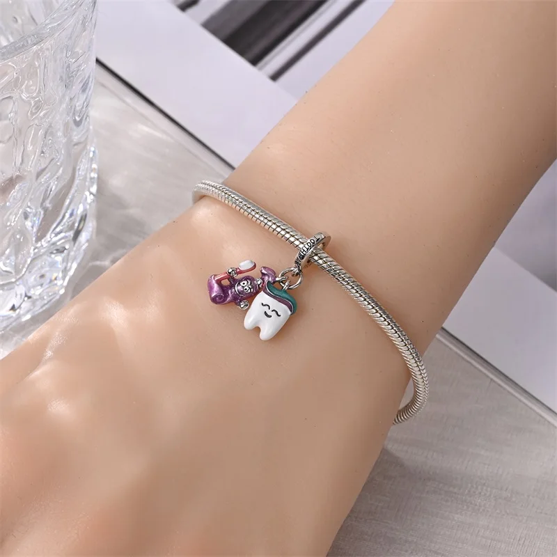 925 Sterling Silver 2Pcs Teeth Care Charms Beads Zircon Dangle Fit 3mm Original Bracelet DIY Women Party Jewelry Gifts view 4