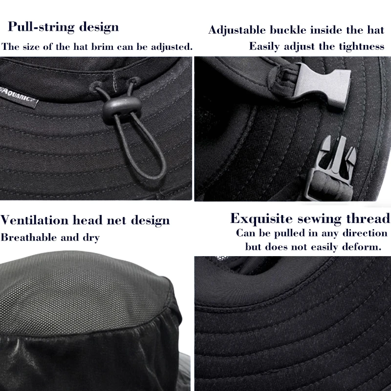 Kapelusz typu bucket hat unisex z szerokim rondem, kapelusz przeciwsłoneczny z siatką i paskiem chroniącym przed wiatrem, idealny do wędkowania i wędrówek na świeżym powietrzu. — zdjęcie produktu 4