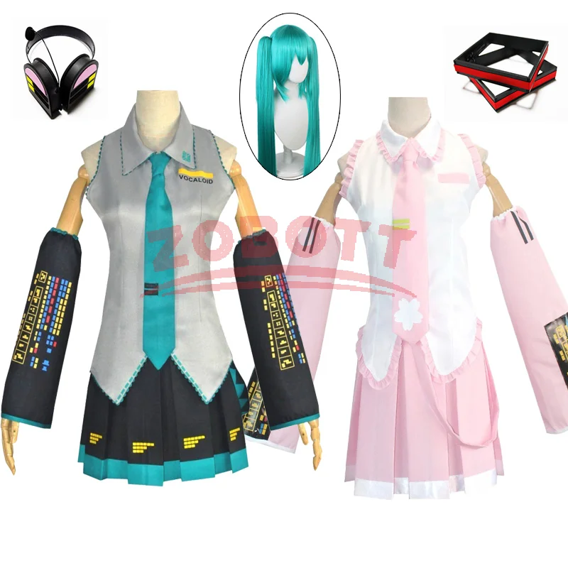 

Miku Cosplay Full Set Silver Suit Miku Cosplay Headwear Costume Outfit JK Sailor Dress High School Uniform Hallow