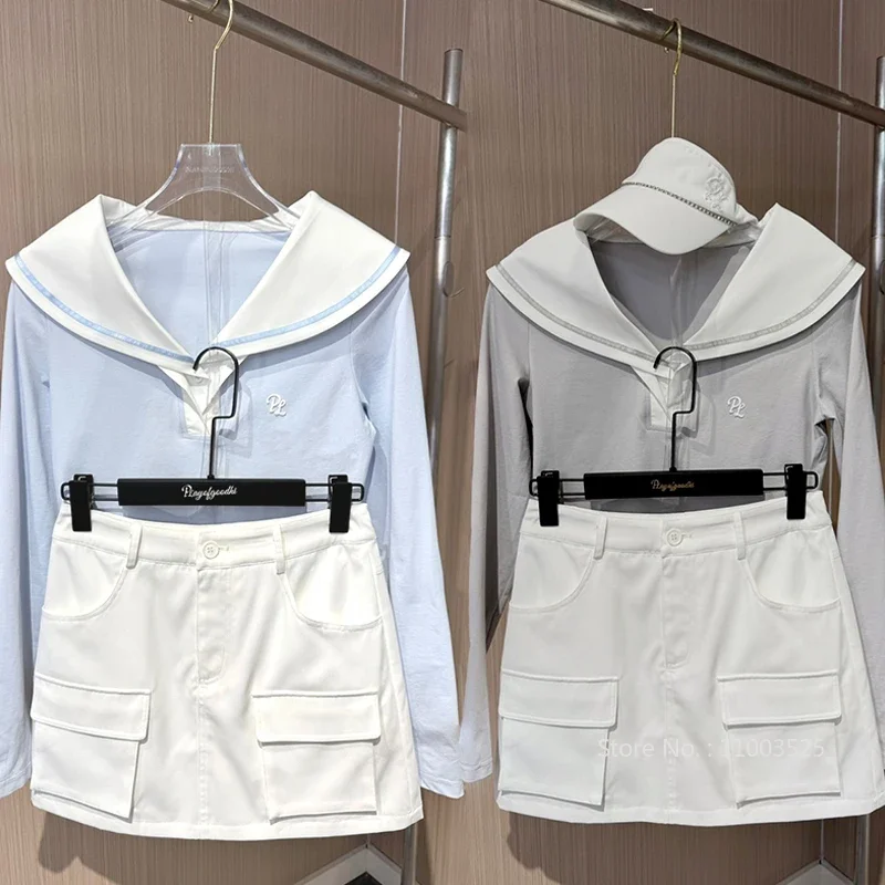 PL Women Sailor Collar Golf Tops Long Sleeve Breathable Slim Shirts Ladies High Waist Golf Cargo Skirts Sports Skorts with Short