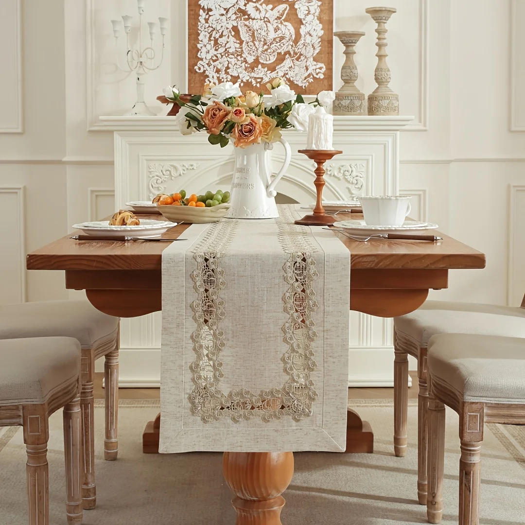1pc Rustic Vintage Lace Trim Table Runner for Dining Room Kitchen Farmhouse Decor