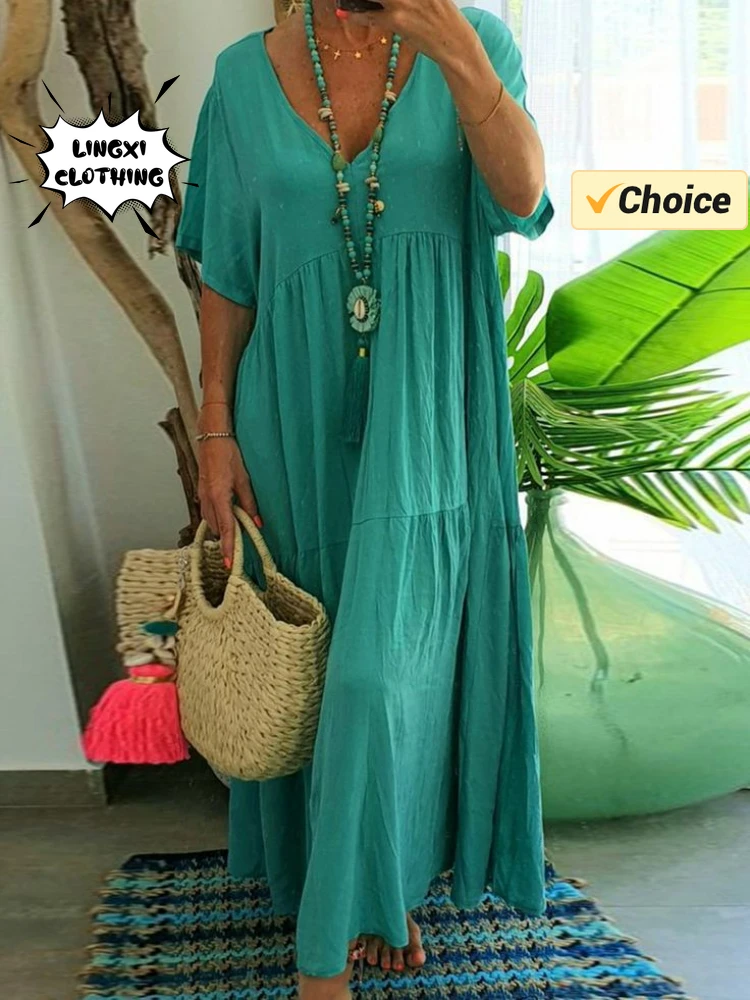 2024 Summer Fashion New Women\'s Long Dress V-Neck Irregular Solid Cotton Elegant Large Size Casual Long Swing Vintage Dress