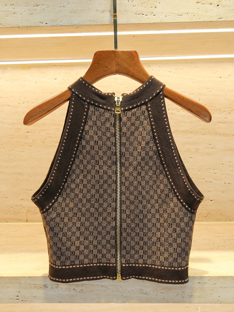 

High-End European Sle Women's Knitted Vest Top+f Skirt Set Ne Hanging Faionable Two-Piece Suit Polyester Fiber Zipper