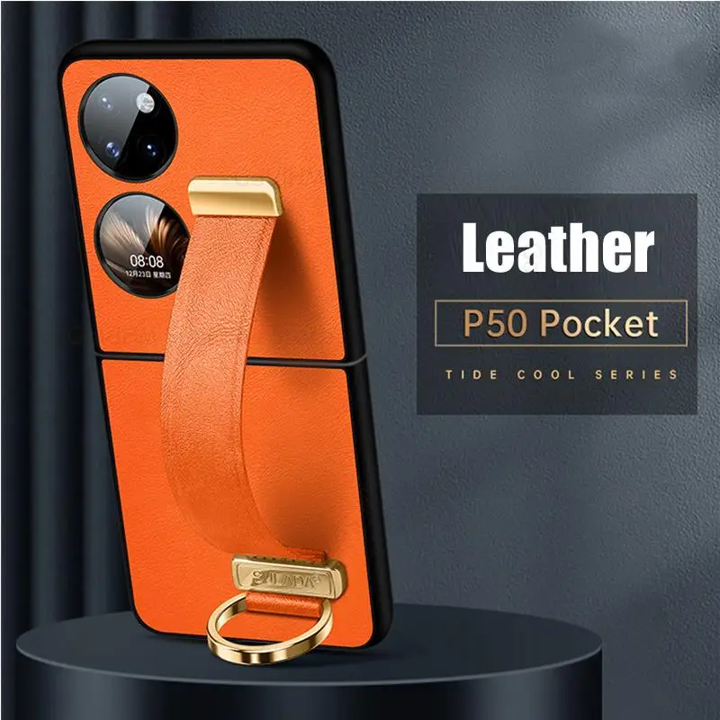 

Capa For Huawei P50 Pocket Genuine Leather Phone Case For Huawei P50 Pocket BAL-AL00 Ultra Slim Wristband Stand Shockproof Cover